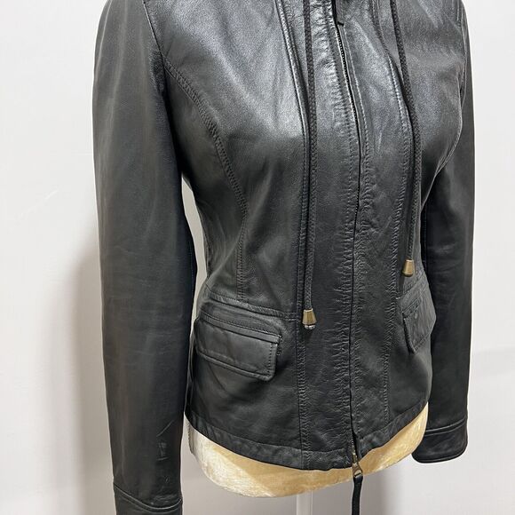 Joie Lamb Leather Silk Lined Black Moto Jacket Removable Hood Womens Size S - Picture 5 of 6